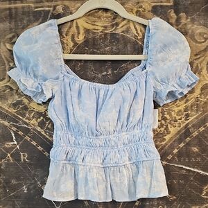 Trixxi Blue Smocked Puff Sleeve Blouse